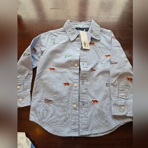 NWT Janie And Jack Blue Button-Up Shirt with Tiger and Flag Print